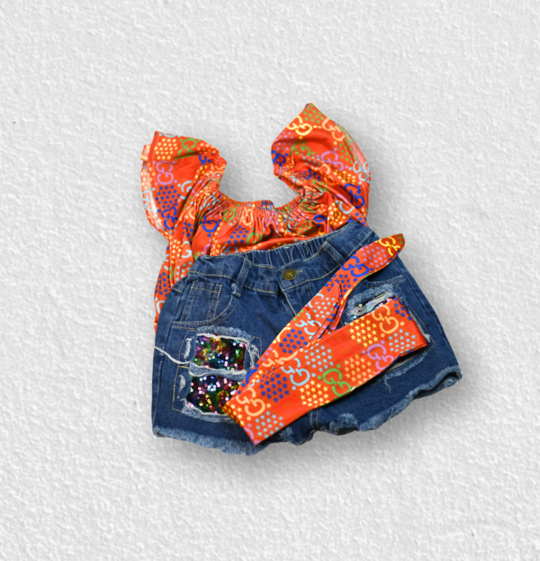 Trendy Orange & Denim Western Set for Girls