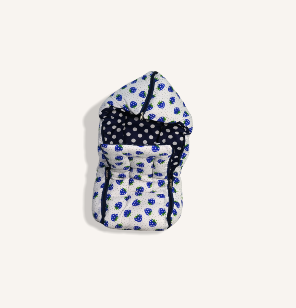 Cozy Baby Sleeping Bag with Blue Strawberry and Polka Dot Design